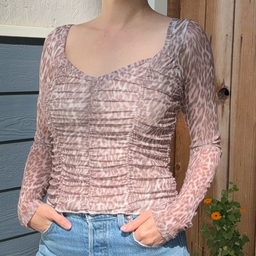 Sheer Leopard Print Stretchy Long Sleeve Top